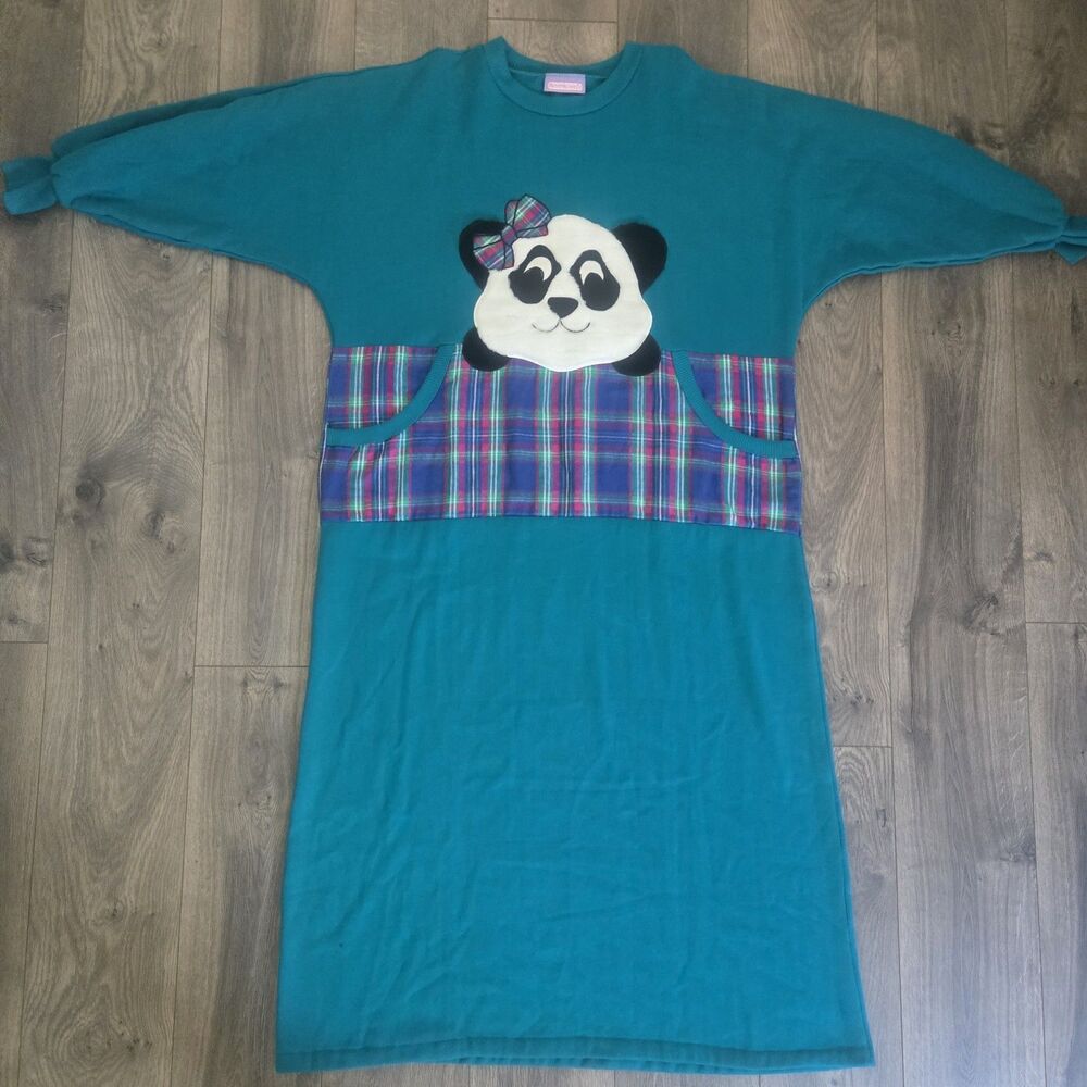 Vtg Beth Michaels Nightgown L Teal Plaid Panda Bear Fleece Nightshirt 80s 90s